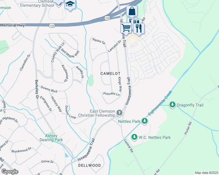 map of restaurants, bars, coffee shops, grocery stores, and more near 230 Camelot Road in Clemson