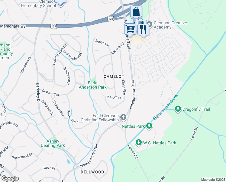 map of restaurants, bars, coffee shops, grocery stores, and more near 230 Camelot Road in Clemson
