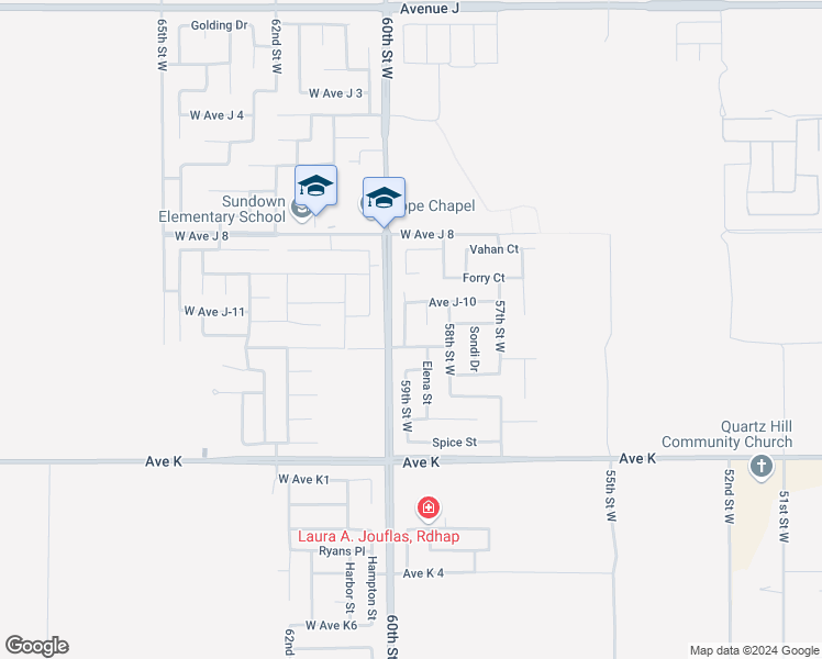 map of restaurants, bars, coffee shops, grocery stores, and more near 43816 59th Street West in Lancaster