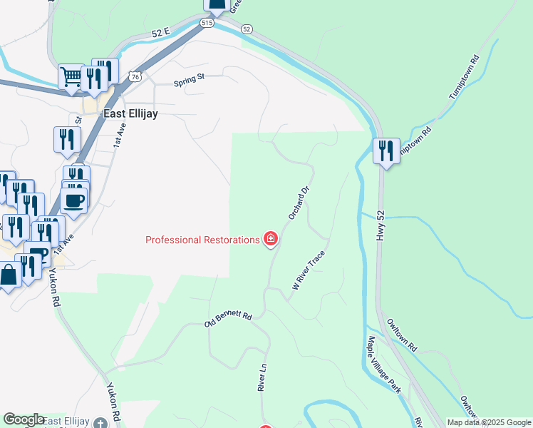 map of restaurants, bars, coffee shops, grocery stores, and more near Old Orchard Road in Ellijay