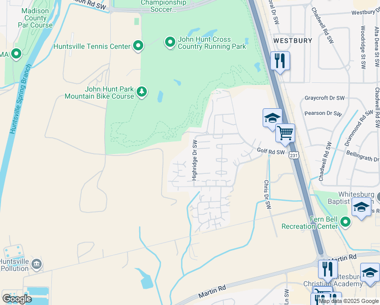 map of restaurants, bars, coffee shops, grocery stores, and more near 2021 Highridge Drive Southwest in Huntsville