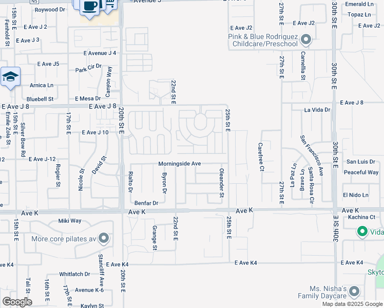 map of restaurants, bars, coffee shops, grocery stores, and more near 2330 East Avenue H10 in Lancaster