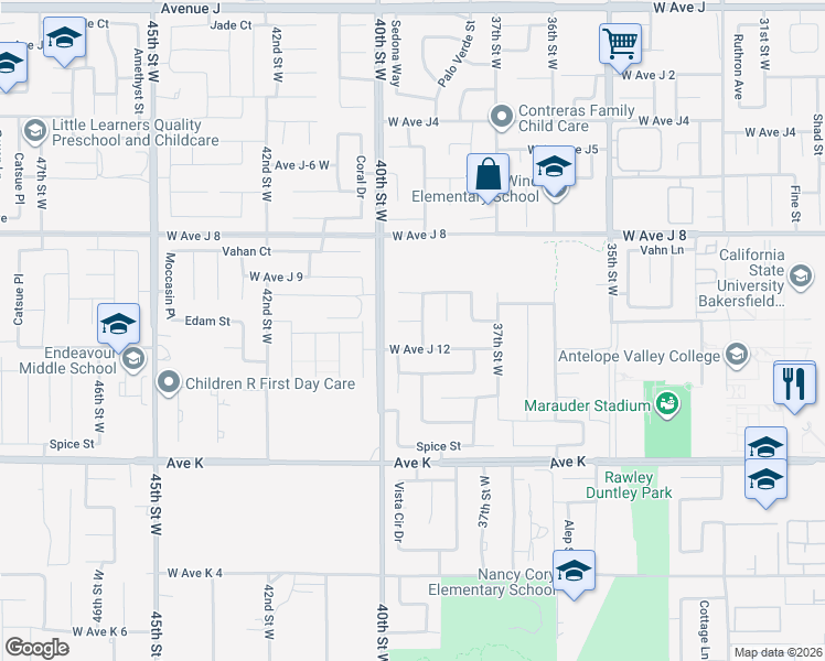 map of restaurants, bars, coffee shops, grocery stores, and more near Avenue J-11 in Lancaster