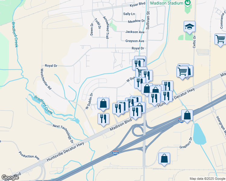 map of restaurants, bars, coffee shops, grocery stores, and more near 119 West Dublin Drive in Madison