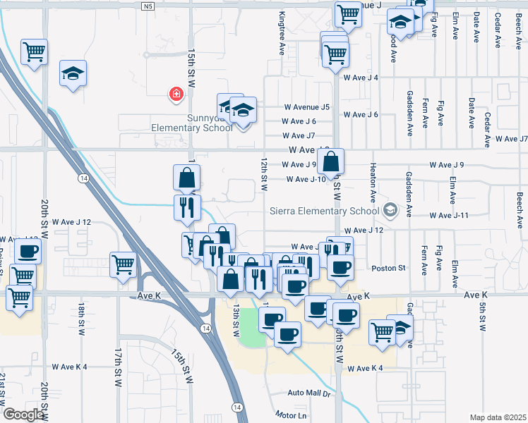 map of restaurants, bars, coffee shops, grocery stores, and more near 12th Street West in Lancaster