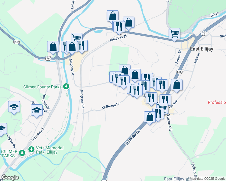 map of restaurants, bars, coffee shops, grocery stores, and more near 572 Maddox Drive in East Ellijay
