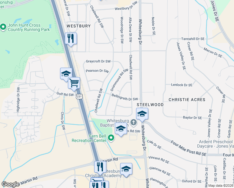 map of restaurants, bars, coffee shops, grocery stores, and more near 221 Bellingrath Drive Southwest in Huntsville
