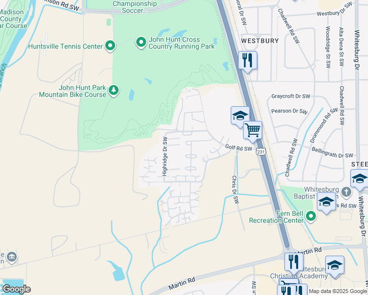 map of restaurants, bars, coffee shops, grocery stores, and more near 2224 Colony Drive Southwest in Huntsville