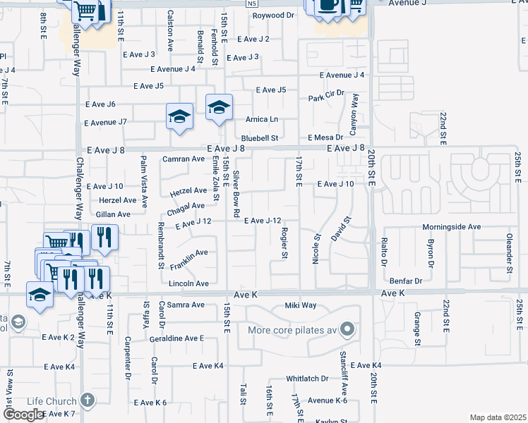 map of restaurants, bars, coffee shops, grocery stores, and more near 43811 Broadwater Avenue in Lancaster