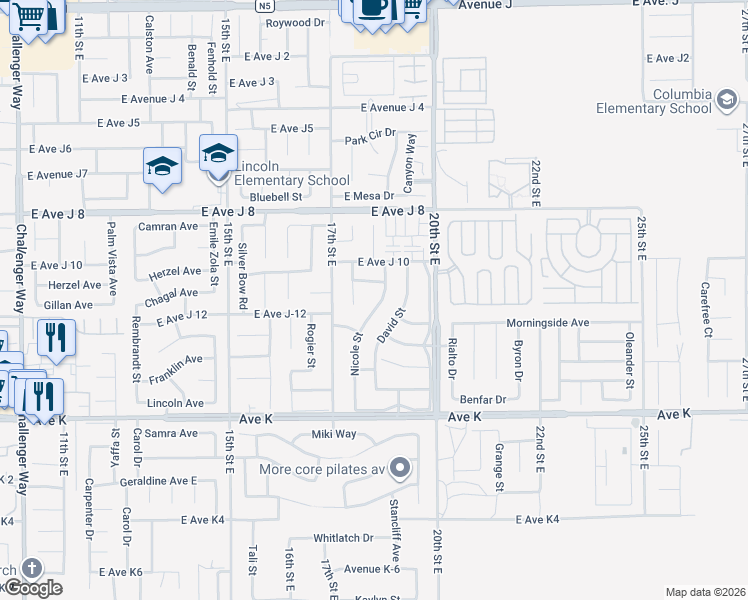 map of restaurants, bars, coffee shops, grocery stores, and more near 43805 Nicole Street in Lancaster