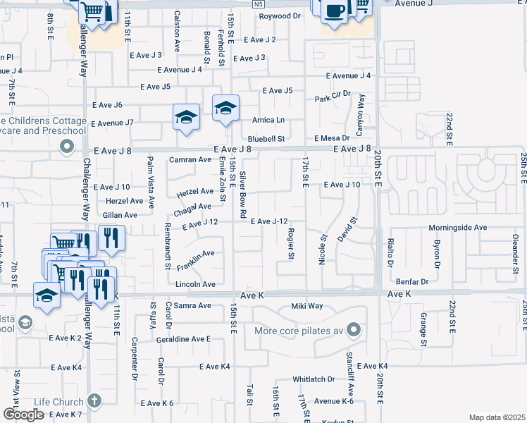 map of restaurants, bars, coffee shops, grocery stores, and more near 43816 Fallon Drive in Lancaster