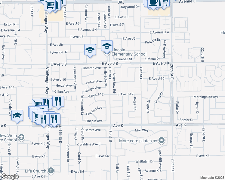 map of restaurants, bars, coffee shops, grocery stores, and more near 43815 Silver Bow Road in Lancaster