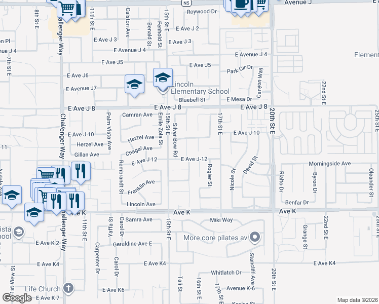 map of restaurants, bars, coffee shops, grocery stores, and more near 43816 Fallon Drive in Lancaster