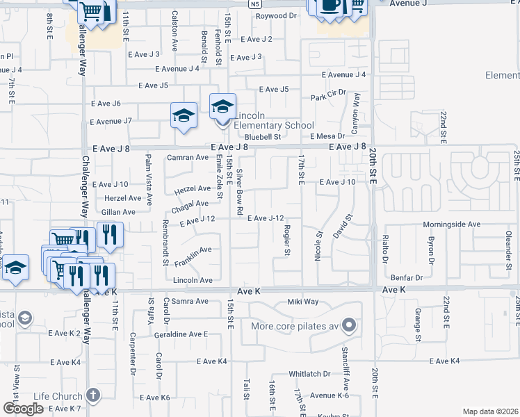 map of restaurants, bars, coffee shops, grocery stores, and more near 43816 Fallon Drive in Lancaster