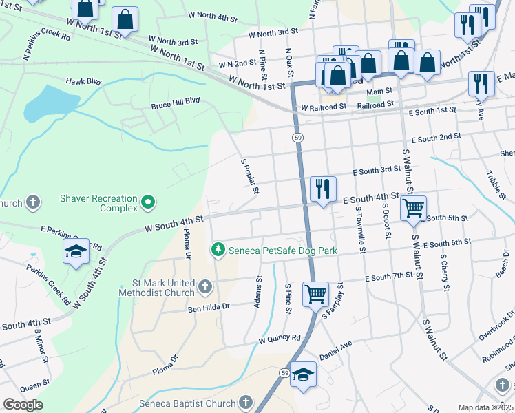 map of restaurants, bars, coffee shops, grocery stores, and more near 310 West South 4th Street in Seneca