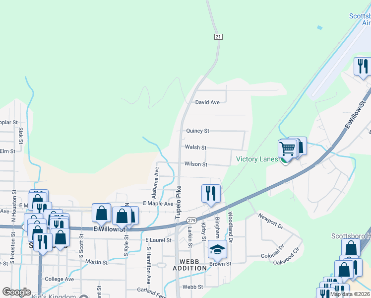 map of restaurants, bars, coffee shops, grocery stores, and more near 505 Wilson Street in Scottsboro