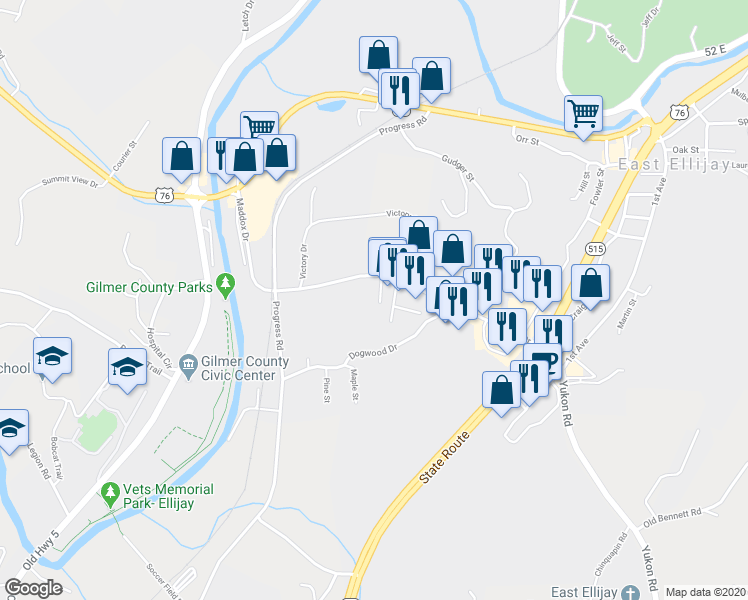 map of restaurants, bars, coffee shops, grocery stores, and more near 572 Maddox Drive in East Ellijay