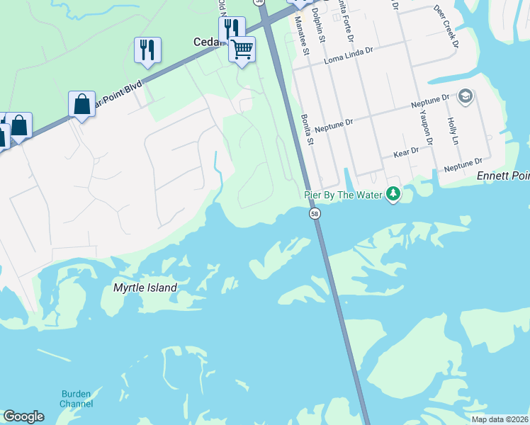 map of restaurants, bars, coffee shops, grocery stores, and more near 1180 Cedar Point Boulevard in Cedar Point