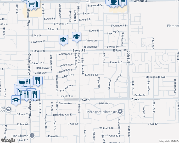 map of restaurants, bars, coffee shops, grocery stores, and more near 43816 Fallon Drive in Lancaster