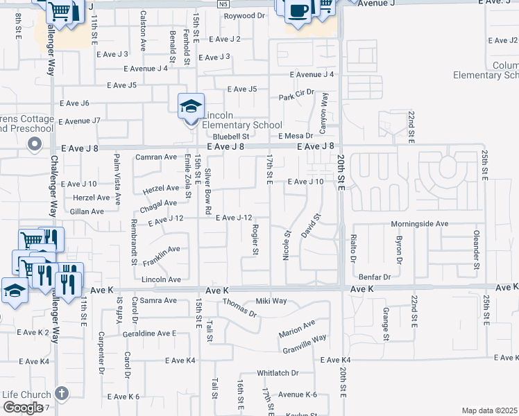 map of restaurants, bars, coffee shops, grocery stores, and more near 1636 Bisbee Place in Lancaster