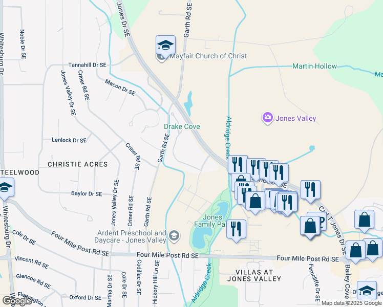 map of restaurants, bars, coffee shops, grocery stores, and more near 2815 Carl T Jones Drive Southeast in Huntsville