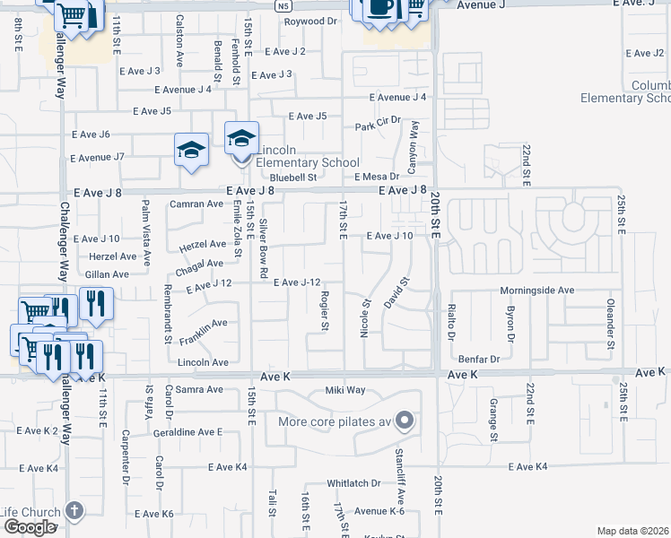 map of restaurants, bars, coffee shops, grocery stores, and more near 1642 Bisbee Place in Lancaster