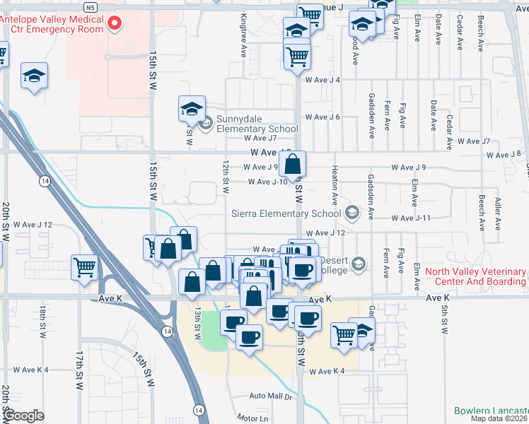 map of restaurants, bars, coffee shops, grocery stores, and more near 1127 West Avenue J-11 in Lancaster
