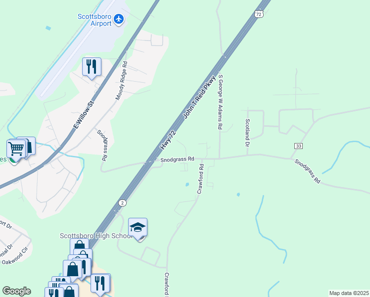 map of restaurants, bars, coffee shops, grocery stores, and more near 674 Snodgrass Road in Scottsboro