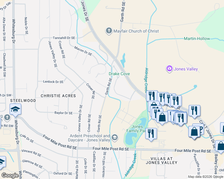 map of restaurants, bars, coffee shops, grocery stores, and more near 5036 Somerby Drive Southeast in Huntsville