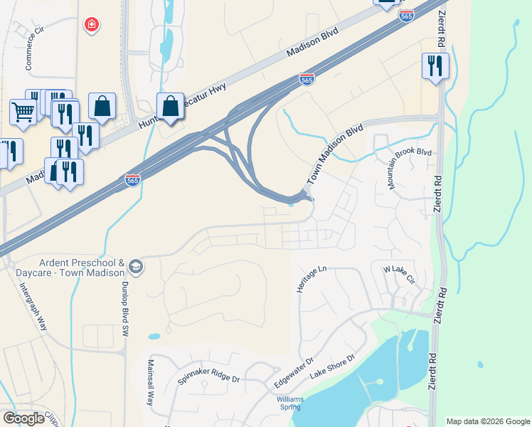 map of restaurants, bars, coffee shops, grocery stores, and more near Dunlop Boulevard Southwest in Madison