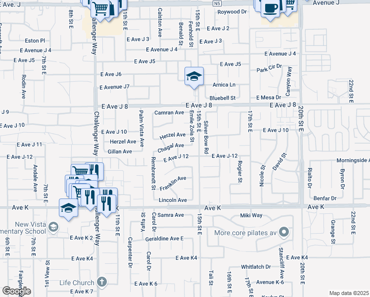 map of restaurants, bars, coffee shops, grocery stores, and more near 1306 East Avenue J 12 in Lancaster