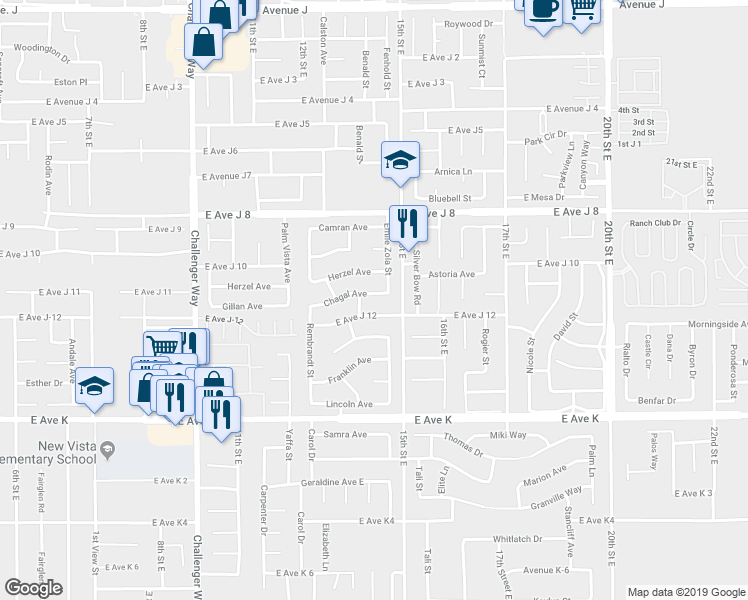 map of restaurants, bars, coffee shops, grocery stores, and more near 1328 Chagal Avenue in Lancaster