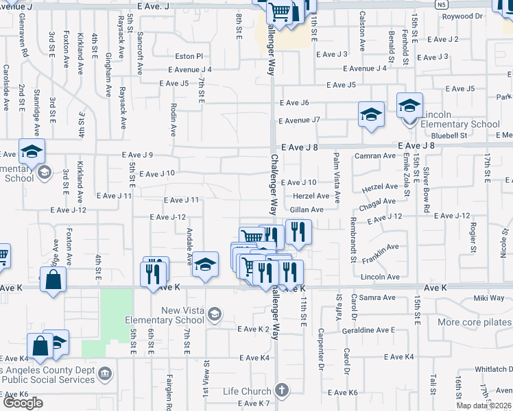 map of restaurants, bars, coffee shops, grocery stores, and more near 832 East Avenue J in Lancaster