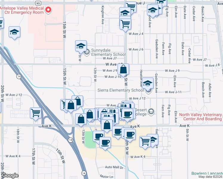 map of restaurants, bars, coffee shops, grocery stores, and more near 1127 West Avenue J-11 in Lancaster