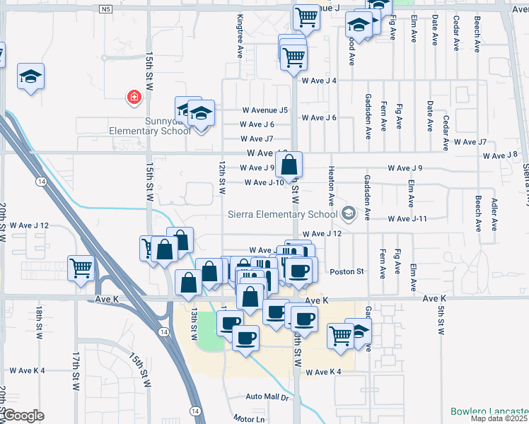 map of restaurants, bars, coffee shops, grocery stores, and more near 1109 West Avenue J 12 in Lancaster
