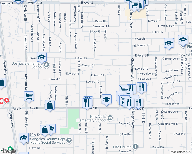 map of restaurants, bars, coffee shops, grocery stores, and more near 622 East Avenue J 11 in Lancaster