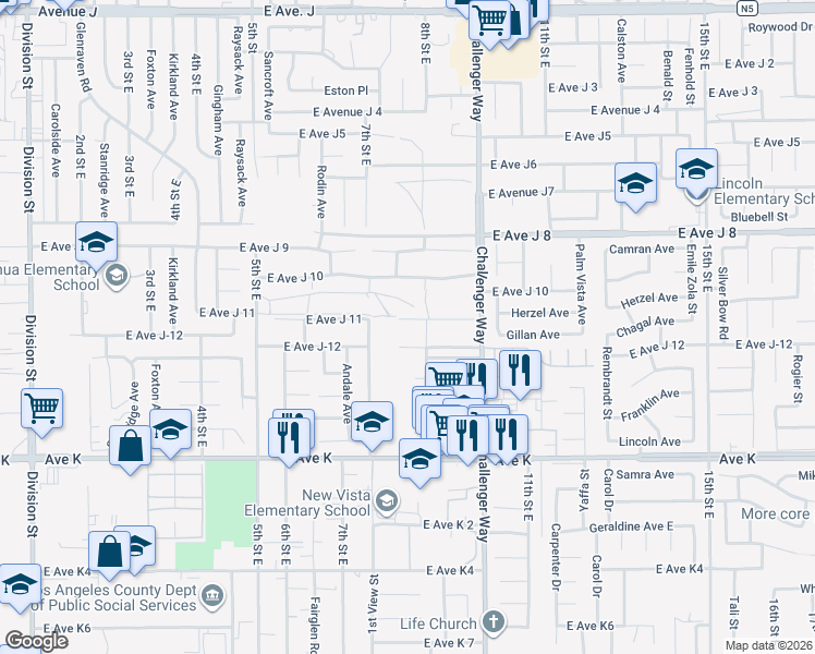 map of restaurants, bars, coffee shops, grocery stores, and more near 733 East Avenue J-12 in Lancaster