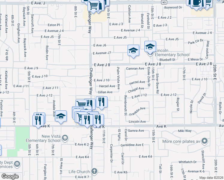map of restaurants, bars, coffee shops, grocery stores, and more near 1121 Chagal Avenue in Lancaster
