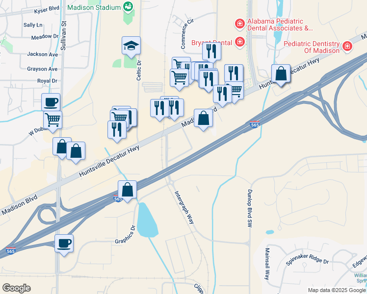 map of restaurants, bars, coffee shops, grocery stores, and more near 120 Brazelton Circle in Madison