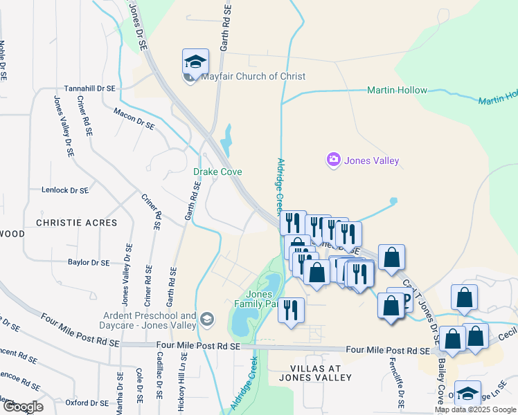 map of restaurants, bars, coffee shops, grocery stores, and more near 2775 Carl T Jones Drive Southeast in Huntsville