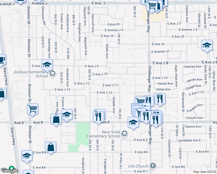 map of restaurants, bars, coffee shops, grocery stores, and more near 622 East Avenue J 11 in Lancaster