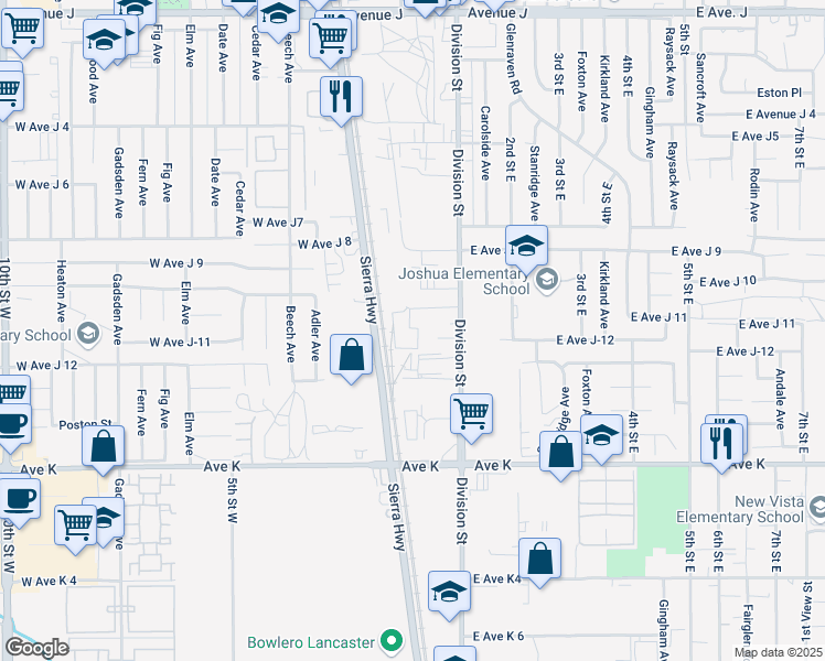 map of restaurants, bars, coffee shops, grocery stores, and more near 43847 Division Street in Lancaster