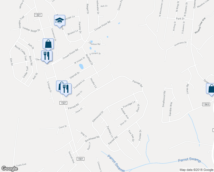 map of restaurants, bars, coffee shops, grocery stores, and more near 148 Parnell Road in Hubert