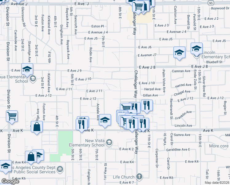 map of restaurants, bars, coffee shops, grocery stores, and more near 744 East Avenue J 11 in Lancaster