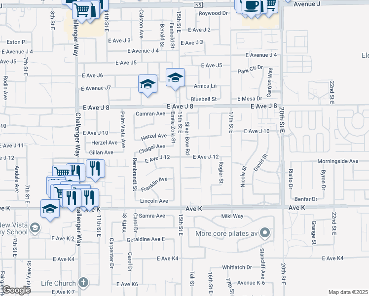 map of restaurants, bars, coffee shops, grocery stores, and more near 43821 Silver Bow Road in Lancaster