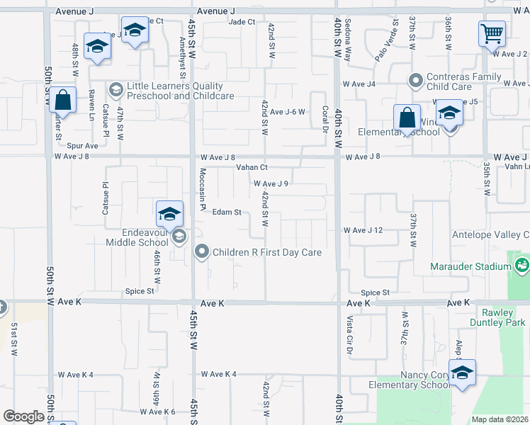 map of restaurants, bars, coffee shops, grocery stores, and more near Avenue J-11 in Lancaster
