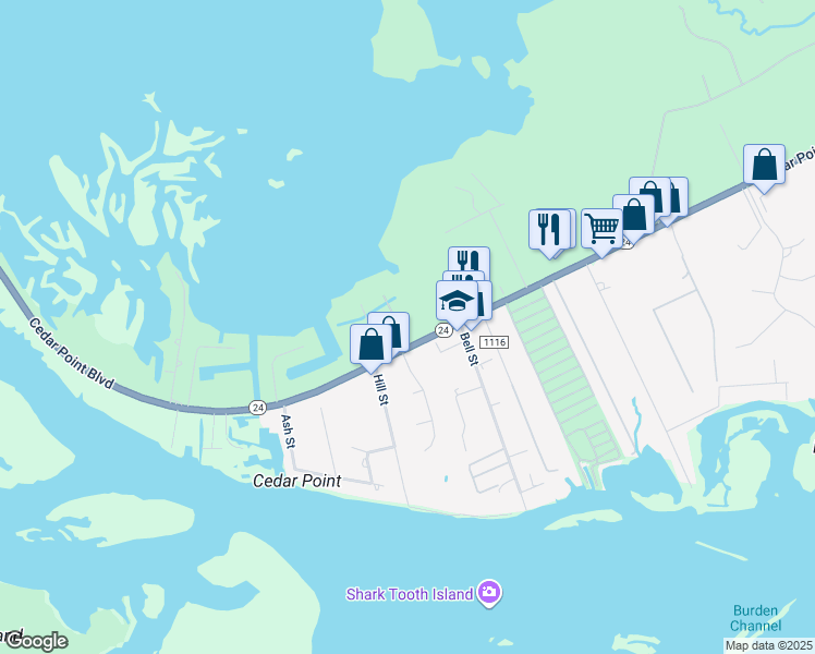 map of restaurants, bars, coffee shops, grocery stores, and more near 515 Cedar Point Boulevard in Cedar Point