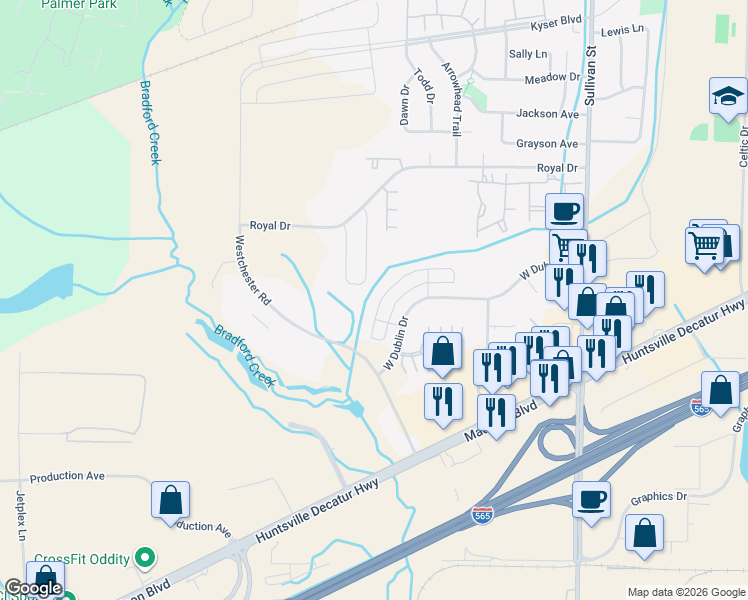 map of restaurants, bars, coffee shops, grocery stores, and more near 462 Shamrock Drive in Madison