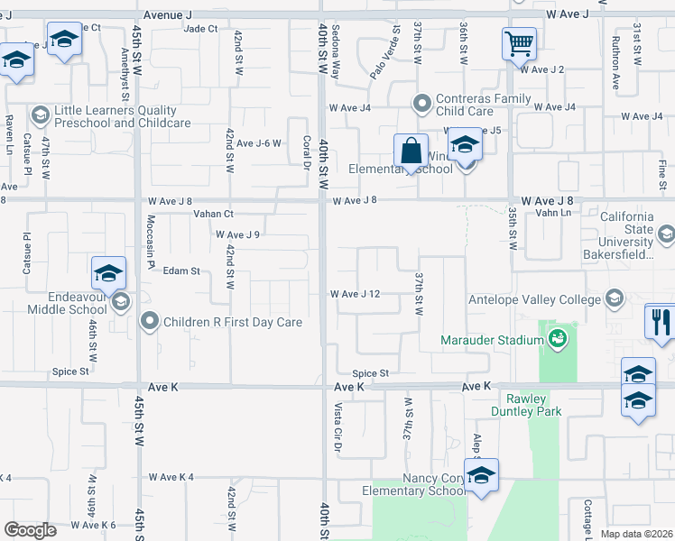 map of restaurants, bars, coffee shops, grocery stores, and more near 6235 West Avenue J 11 in Lancaster