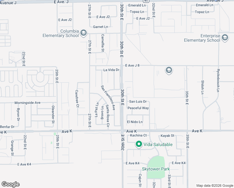 map of restaurants, bars, coffee shops, grocery stores, and more near 2831 San Miguel Drive in Lancaster